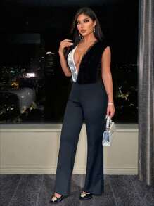 SHEIN Unity Bộ áo liền quần màu đen chắp vá hoa 3D đính sequin dành cho nữ - màu đen - Xem 5