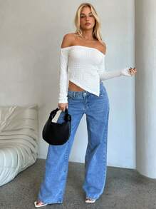 Aloruh 女士露肩长袖纯色精致针织露肩长袖 T 恤 - 杏色 - 查看 3