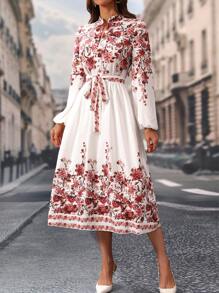 SHEIN Clasi Casual V-Neck Waist Tie Floral Print Dress
