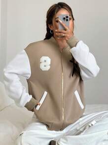 SHEIN Unity 字母贴片拼色长袖前拉链口袋休闲运动夹克 - 卡其色 - 查看 3