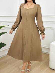 Mulvari Plus Size Ladies Spring Summer Solid Color Sweetheart Neck Long Sleeves Long Elegant Dress