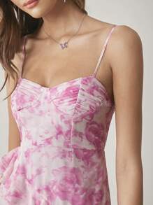 Enchnt 女式夏季优雅花朵满印花荷叶边不对称下摆吊带连衣裙 - 淺粉色 - 查看 6