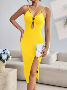 EMERY ROSE 女士夏季纯色环连接褶皱开衩下摆长款修身性感吊带连衣裙长款女装 - 黃色 - 查看 3