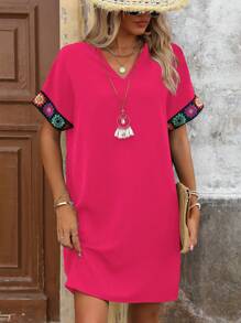 Breezaya V-Neck Raglan Sleeve  Woven Tape Patchwork Dress - Hot Pink - View 4