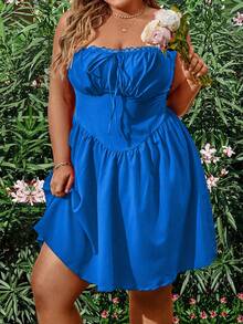 Celure Plus Size Solid Color Ruched Bust Sleeveless Dress