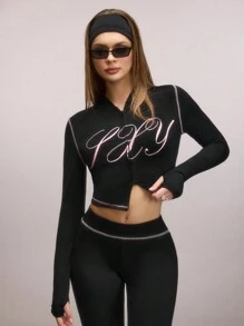 SHEIN SXY Autumn Winter Contrast Color Pullover Hoodie, Casual Sports Fall Women Clothes Sweat Long Sleeve Shirt Jacket, Long Sleeve Tops - Black - View 4