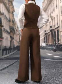 SHEIN X Angie Costa Chiquease Women's Solid Color V-Neck Single-Breasted Vest And Pants Casual Suit, Spring Summer - Brown - View 2