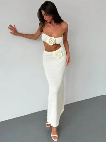 Aloruh 2 件套杏色浪漫约会露肩花卉紧身胸衣短款上衣 + 长款花卉裙，女士海滩度假装 - 杏色 - 查看 6