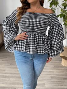 Calvaya Plus Size Off-Shoulder Gingham Ruffled Casual Blouse, Vacation - Black and White - View 5
