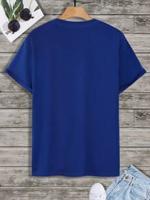 Manfinity Roughcore Camiseta casual de manga corta con cuello redondo, estampado de corazón con eslogan, para hombre en verano - Azul - Ver 2