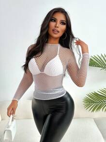 VaVaBold Stand Collar Fashionable Mesh Sheer Long Sleeve Top In Solid Color Fall Cloth For Women - White - View 4