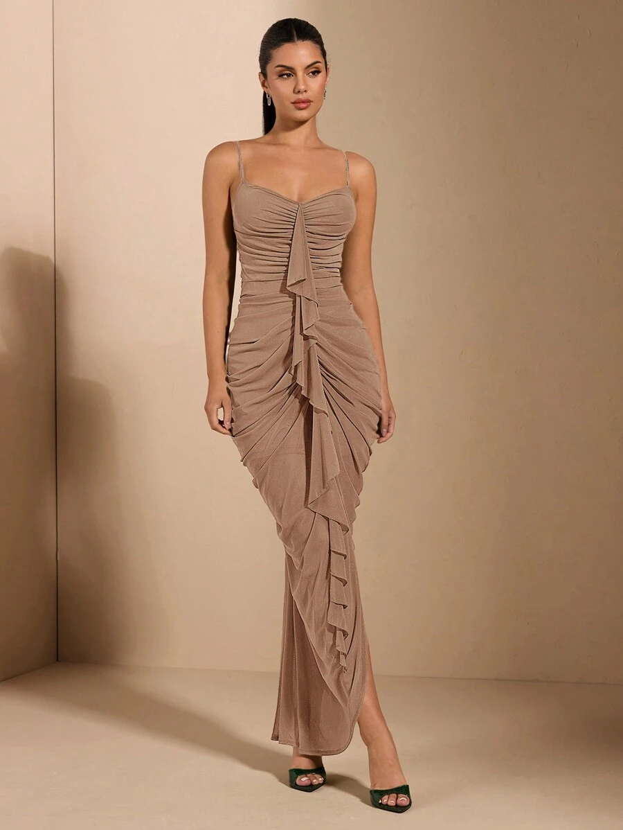 SHEIN BAE Sexy And Elegant Bust Cup Tight Ruched Front Large Ruffle Decoration Long Dress For Women,Valentine's Day,Valentine Outfits For Women - Khaki - View 1