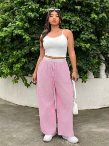 SHEIN EZwear 情人节大码女式腰带撞色条纹梭织裤 - 粉色 - 查看 4