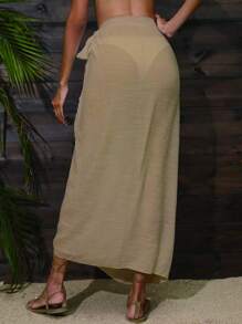 SHEIN Swim Summer Beach Knot Side Cover Up Skirt - Khaki - View 2