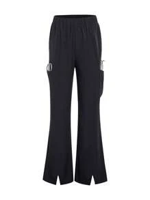 TaskEZ 2pcs Women Healthcare Uniform - Solid Color V-Neck Blouse & Slit Long Pants, Scrub Sets - Black - View 4