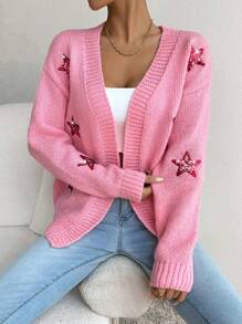 Chiquease Women's Long Sleeve Five-Pointed Star Design Casual Loose Cardigan