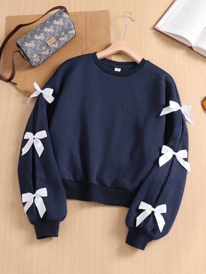 SHEIN Teen Girls' Navy Solid Color Knit Butterfly Decor Loose Fit Casual Crew Neck Sweatshirt,In Fall/Winter