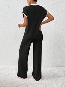 EMERY ROSE 2pcs/Set Women's Loose Knit Casual Contrast Trim & Drawstring Sweater & Pants - Black - View 2