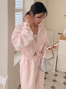 DAZY 女士纯色连帽衫和裤子两件套，粉色，秋冬季，女士秋季家居服套装 - 粉色 - 查看 6