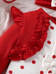 SHEIN Baby Girl Colorblock Polka Dot Printed Bow Decor Jumpsuit With Matching Headband - Red - View 4