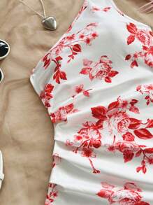 Soleia Vestido midi assimétrico de impressão floral azul e branco para férias femininas - Vermelho - Visão 3
