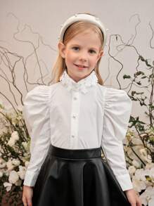 SHEIN Leap Crew 年輕女孩對比花邊泡泡袖襯衫