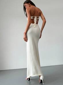 Aloruh 2 件套杏色浪漫约会露肩花卉紧身胸衣短款上衣 + 长款花卉裙，女士海滩度假装 - 杏色 - 查看 7