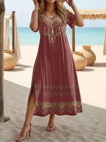 SHEIN LUNE Đầm tay ngắn in hoa cổ tròn cỡ lớn thanh lịch và duyên dáng - Màu Đỏ Sâu - Xem 3