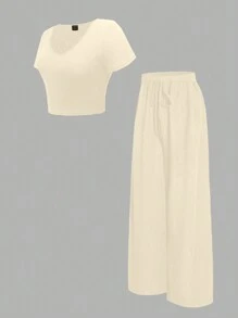 SHEIN LUNE 2 件女式 V 领短袖 T 恤上衣和抽绳休闲阔腿裤套装 - 杏色 - 查看 3