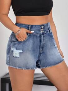 SHEIN EZwear Damen Große Größen Denim Shorts mit Stickerei Verzierung