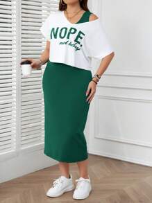 SHEIN LUNE 2 chiếc áo phông tay ngắn in chữ cỡ lớn cho nữ mùa hè và váy không tay trang phục thường ngày váy hai mảnh - Màu xanh lá cây đậm - Xem 4