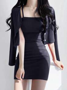 DAZY 2 件套：女式纯色无袖连衣裙和前扣长袖开衫夏季 - 藏蓝色 - 查看 2