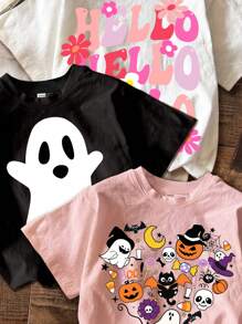 SHEIN 3pcs Cute Halloween Costume - Young Girls Casual Cartoon Pumpkin, Ghost, & Text Print Short Sleeve T-Shirts, Summer