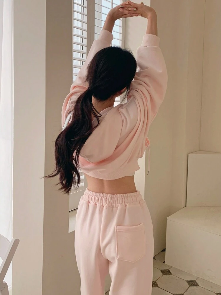Women's Solid Color Hoodie & Pants 2 Pieces Sets, Pink, Autumn/Spring, Fall Women Clothes Lounge Sets For Women