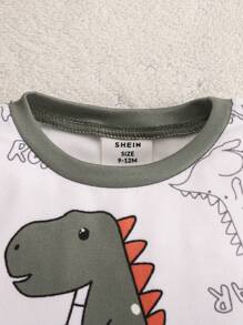 2pcs Baby Boy Snug Fit Cartoon Dinosaur Print Color Block Crew Neck Long Sleeve Knitted Pajama Set