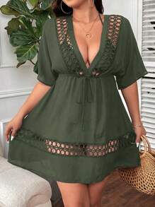 Swim Lushoire Plus Size Women Solid Color Hollow Deep V Tie Sleeve Cover Up Summer - Green - View 6