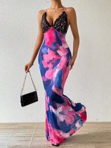 Zolique Tie-Dye & Lace Contrast Backless Spaghetti Strap Sleeveless Dress - Blue - View 1