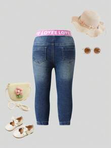 女婴复古水洗可爱甜美拼布粉色腰带樱桃刺绣弹力牛仔裤