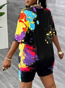 Slaydiva 2pcs Women's Casual Loose Vacation Gradient Print Short Sleeve T-Shirt And Floral Shorts Set