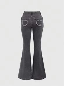 ROMWE Grunge Punk Women Pocket Patchwork Grommet Trim Wide Leg Casual Denim Low Waist Jeans, School - Grey - View 2