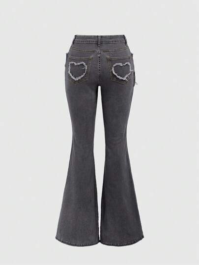 Grunge Punk Women Pocket Patchwork Grommet Trim Wide Leg Casual Denim Jeans, School