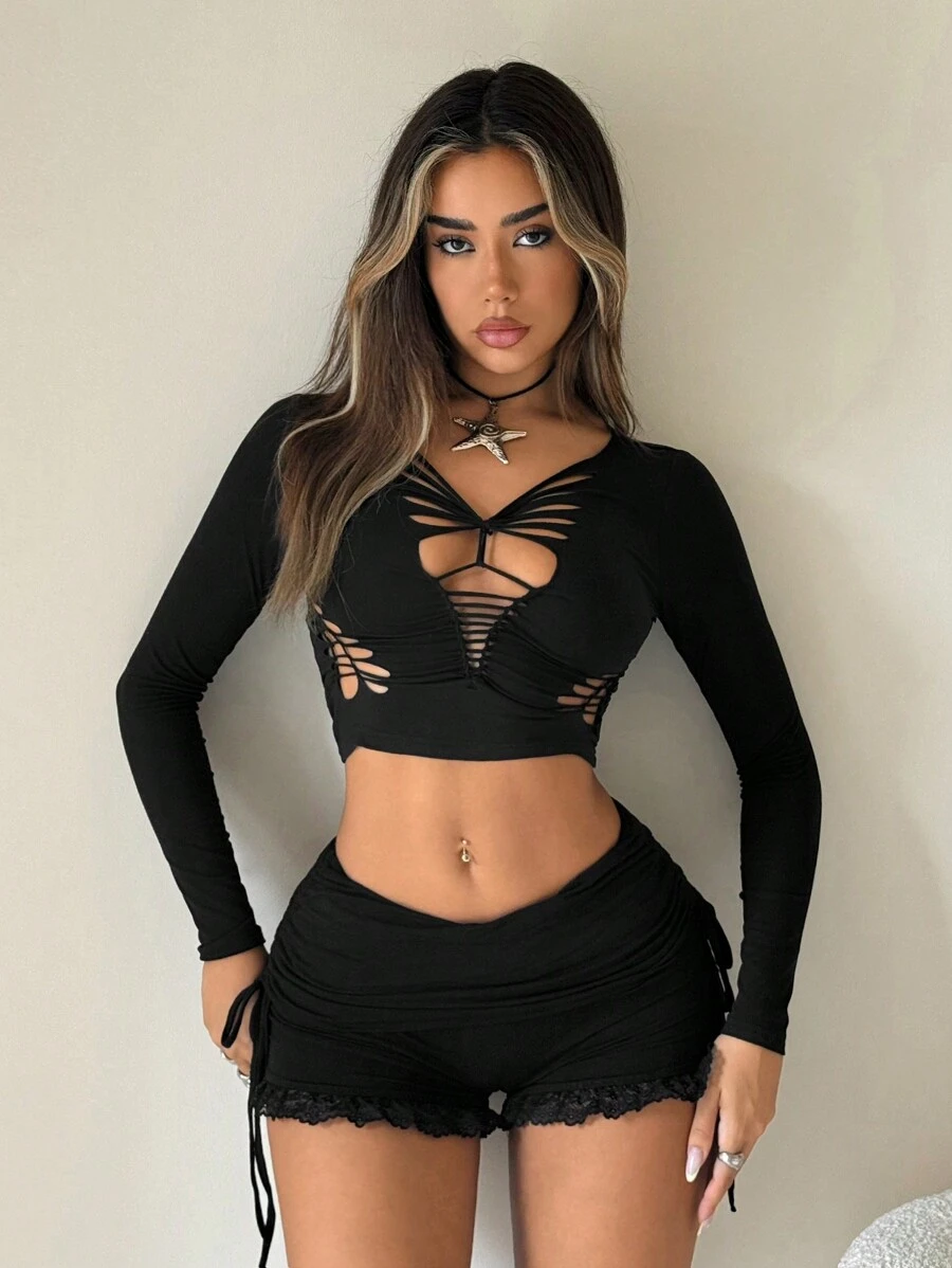 SHEIN ICON 女士春夏纯色修身款烧花编织镂空设计长袖 T 恤 - 黑色 - 查看 1