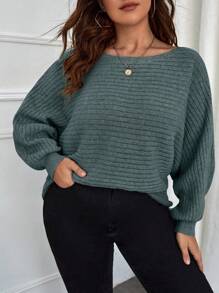 SHEIN LUNE Suéter elegante versátil de cuello barco sólido de manga de murciélago para mujer de talla grande, otoño/invierno