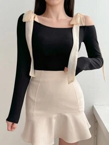 DAZY Áo thun nữ tay dài hở vai màu sắc mùa thu thắt nút thời trang thường ngày - màu đen - Xem 7