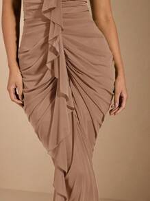 SHEIN BAE Sexy And Elegant Bust Cup Tight Ruched Front Large Ruffle Decoration Long Dress For Women,Valentine's Day,Valentine Outfits For Women - Khaki - View 7