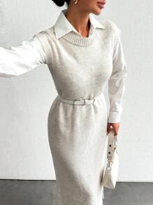 EURMUSE Solid Split Hem Sleeveless Sweater Dress Without Blouse - Beige - View 6