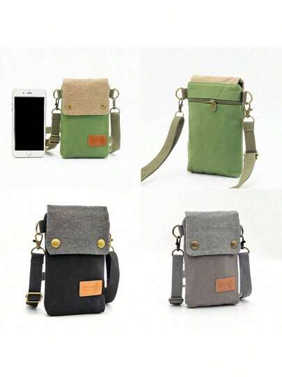 1 件纯色帆布手机钱包时尚单肩包休闲斜挎包时尚百搭便携式三层收纳包可存放手机纸巾银行卡身份证硬币拉链女士钱包钱包