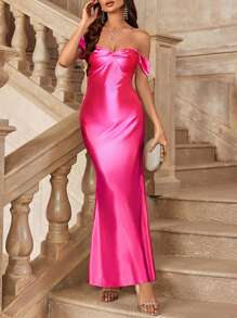 Zolique Vestido sirena de satén con hombros abiertos ajustado de unicolor con hombros descubiertos para mujer