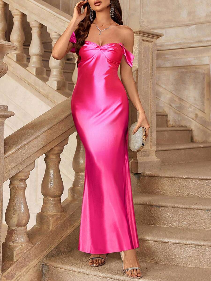Zolique Vestido sirena de satén con hombros abiertos ajustado de unicolor con hombros descubiertos para mujer