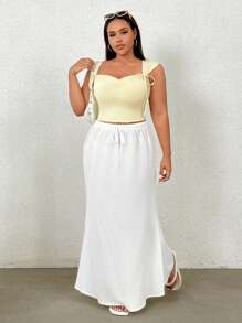 SHEIN EZwear Plus Size Cotton Drawstring White Maxi Skirt - Beige - View 5